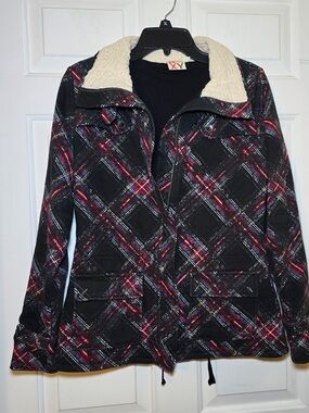 Roxy Black Plaid Utility Zip Up Jacket Cargo Pockets Medium Sherpa Collar